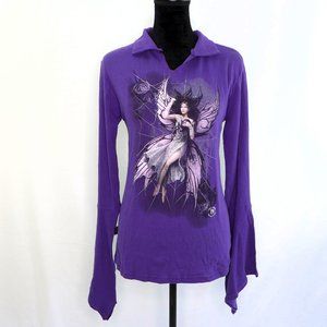 Purple Long Sleeve Graphic Tee with Fairy Motif